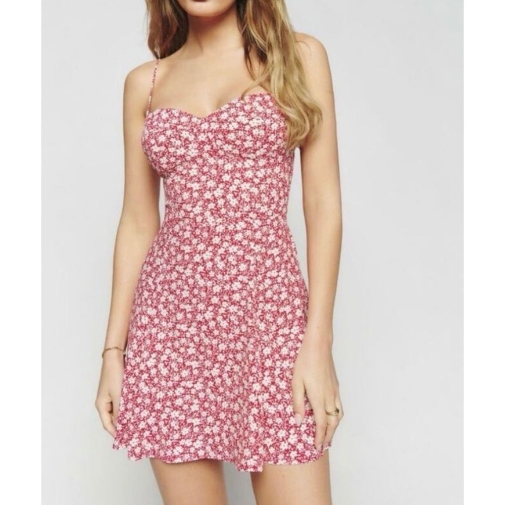 Reformation Red White Floral Tie Strap Smocked Back Mini Dress Size 10
